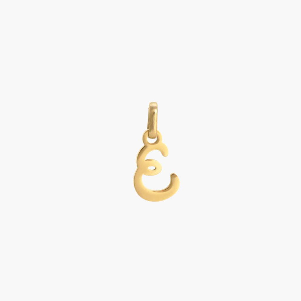 JUNE ELLE gold dearest initial charm featuring letter E front view on white background
