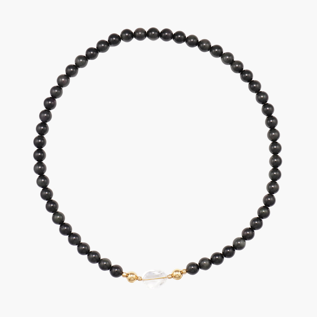 JUNE ELLE MagMix Black Obsidian Bead Necklace and a Clear Quartz Jelly Bean Centerpiece connected via a central gold magnetic clasp on a pure white background, showcasing modular combinations.
