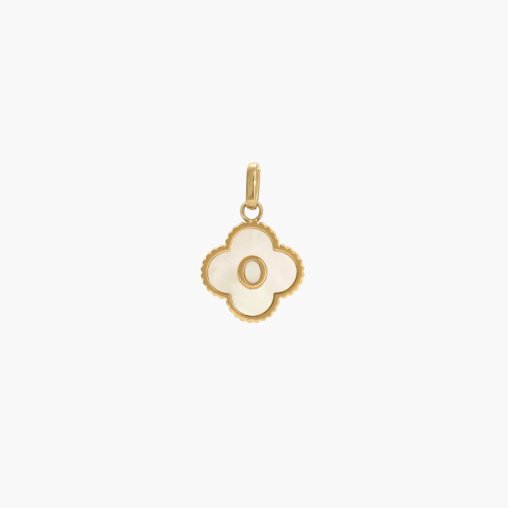 JUNE ELLE gold mother-of-pearl clover initial charm letter O front view on white background