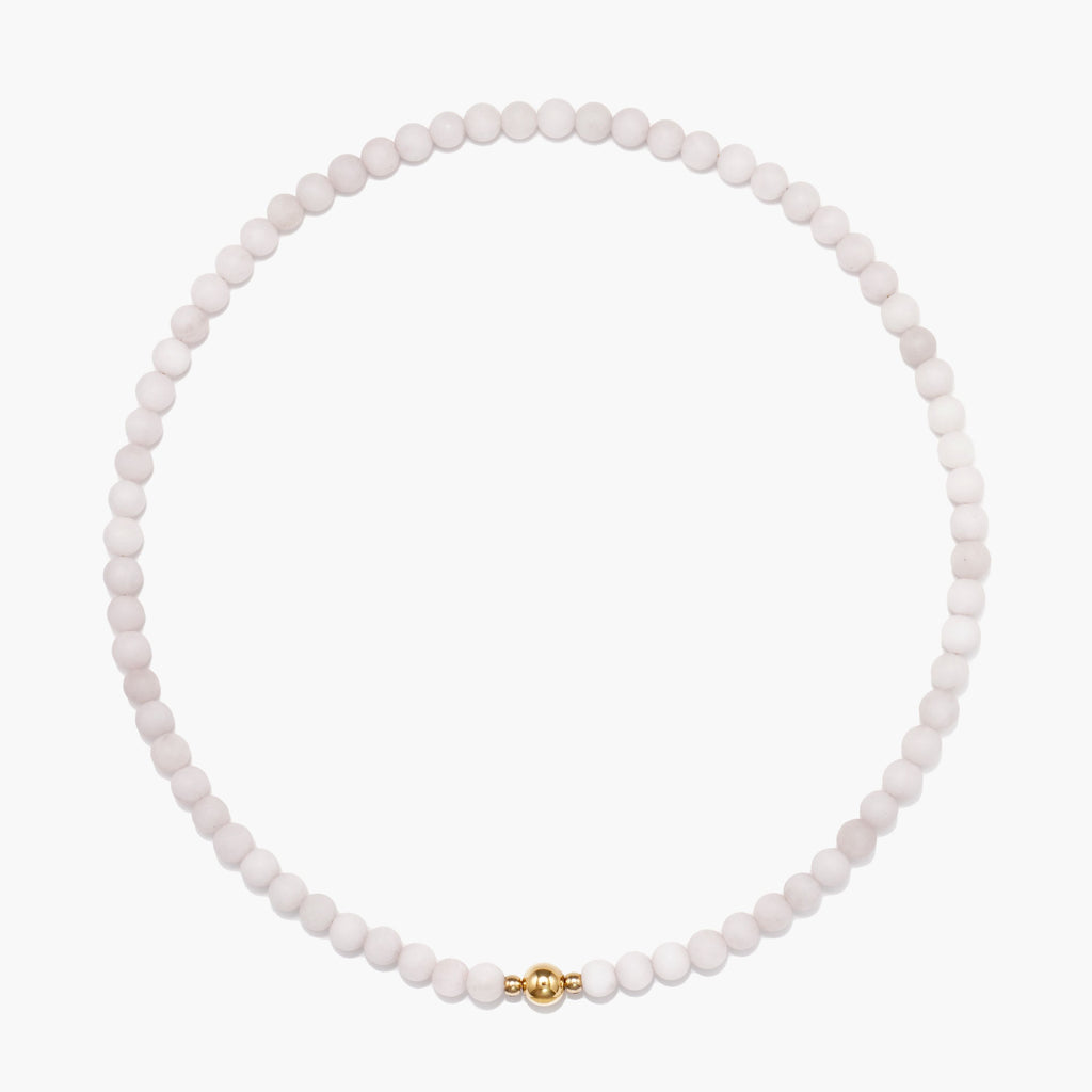 JUNE ELLE MagMix Rose Quartz Bead Necklace with a central gold magnetic clasp on a pure white background, allowing for modular combinations with other MagMix pieces.