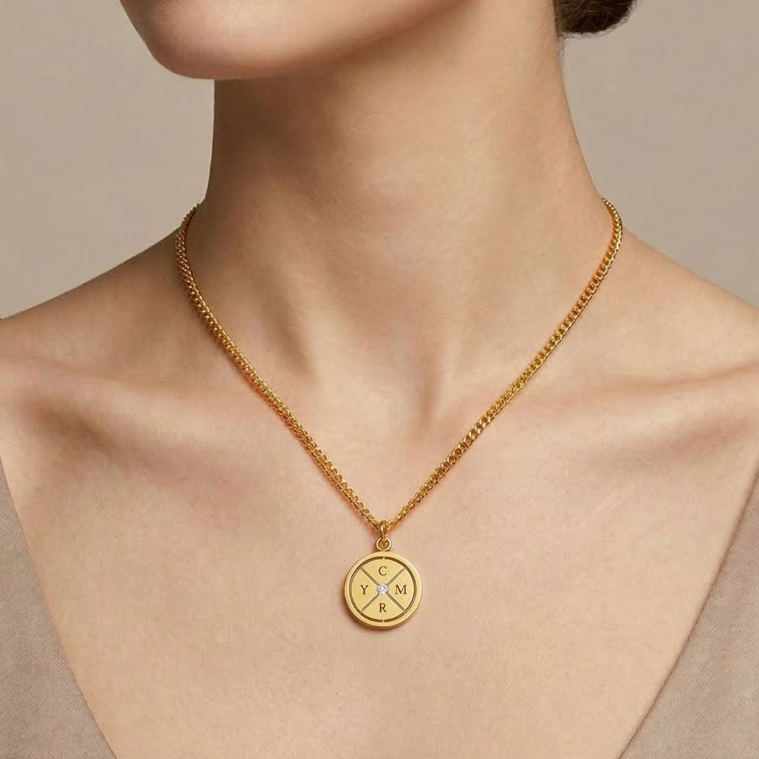 Gold Engraved Compass Necklace