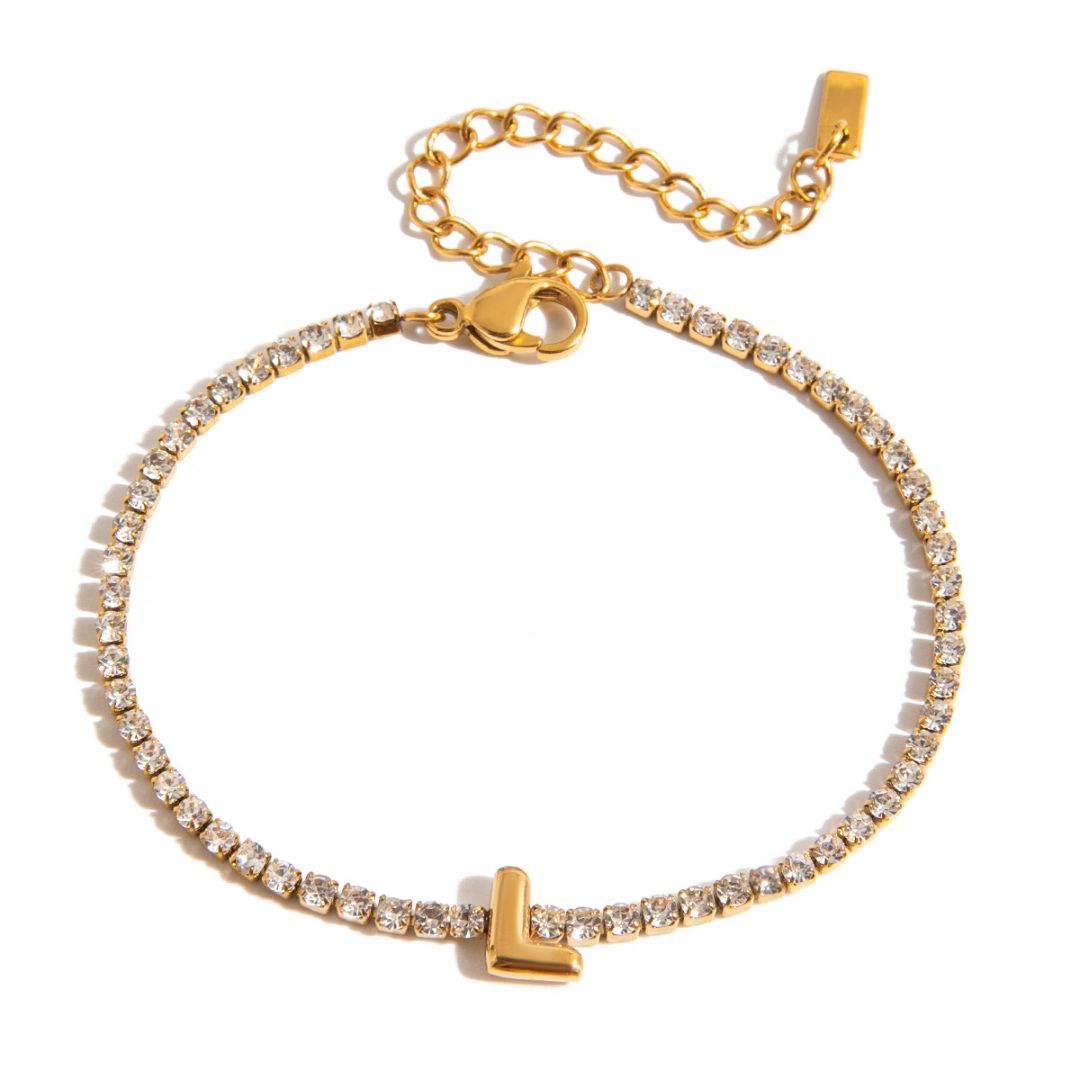 JUNE ELLE gold initial tennis bracelet with letter L arranged in a perfect circle on white background front view