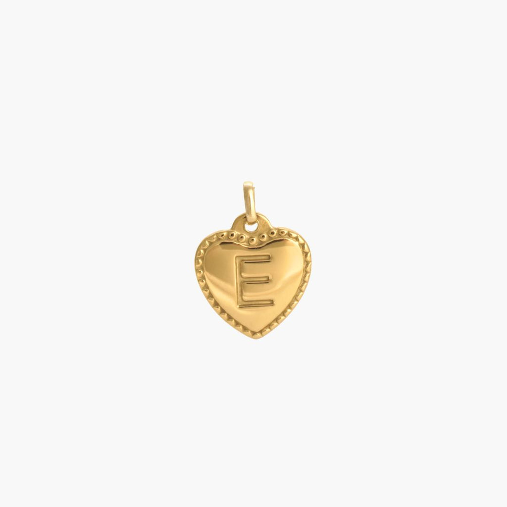 JUNE ELLE gold initial charm letter E in heart design front view on white background
