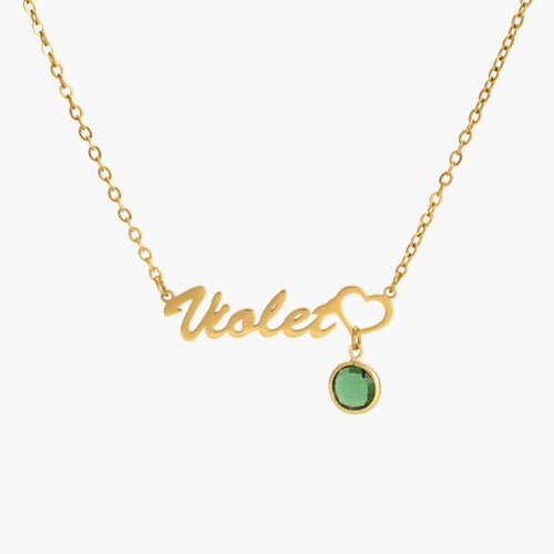 JUNE ELLE gold birthstone name necklace with Violet and a heart holding a round birthstone, name and heart integrated into chain front view on white background