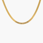 JUNE ELLE gold herringbone custom name necklace engraved with AMELIA CHLOE front view on white background