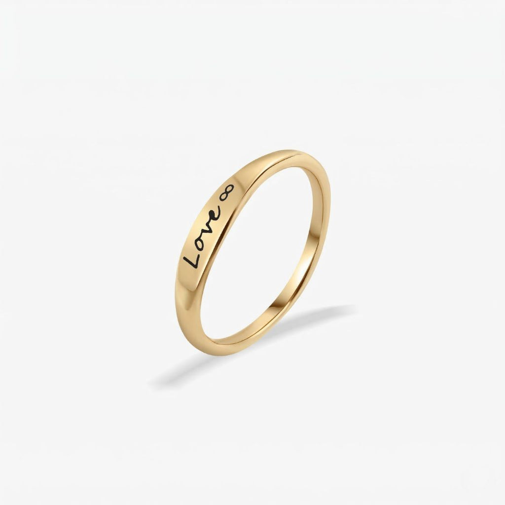 JUNE ELLE gold Lila engraved ring with LOVE infinity symbol as example engraving, customizable engraving, standing front view on white background
