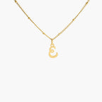 JUNE ELLE gold dearest initial charm letter E on sphere chain necklace front view on white background