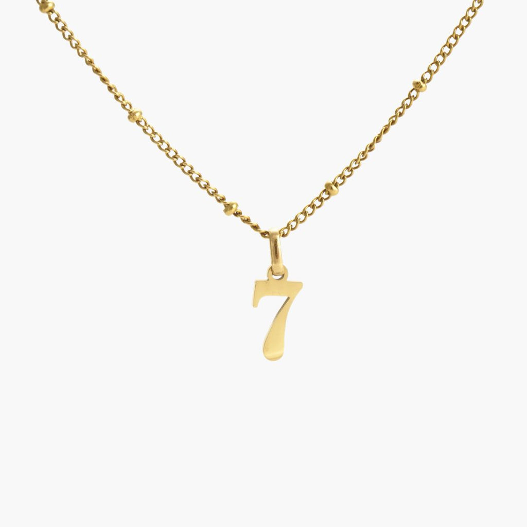 JUNE ELLE gold lucky number charm number 7 on sphere chain front view on white background, customizable 0–9