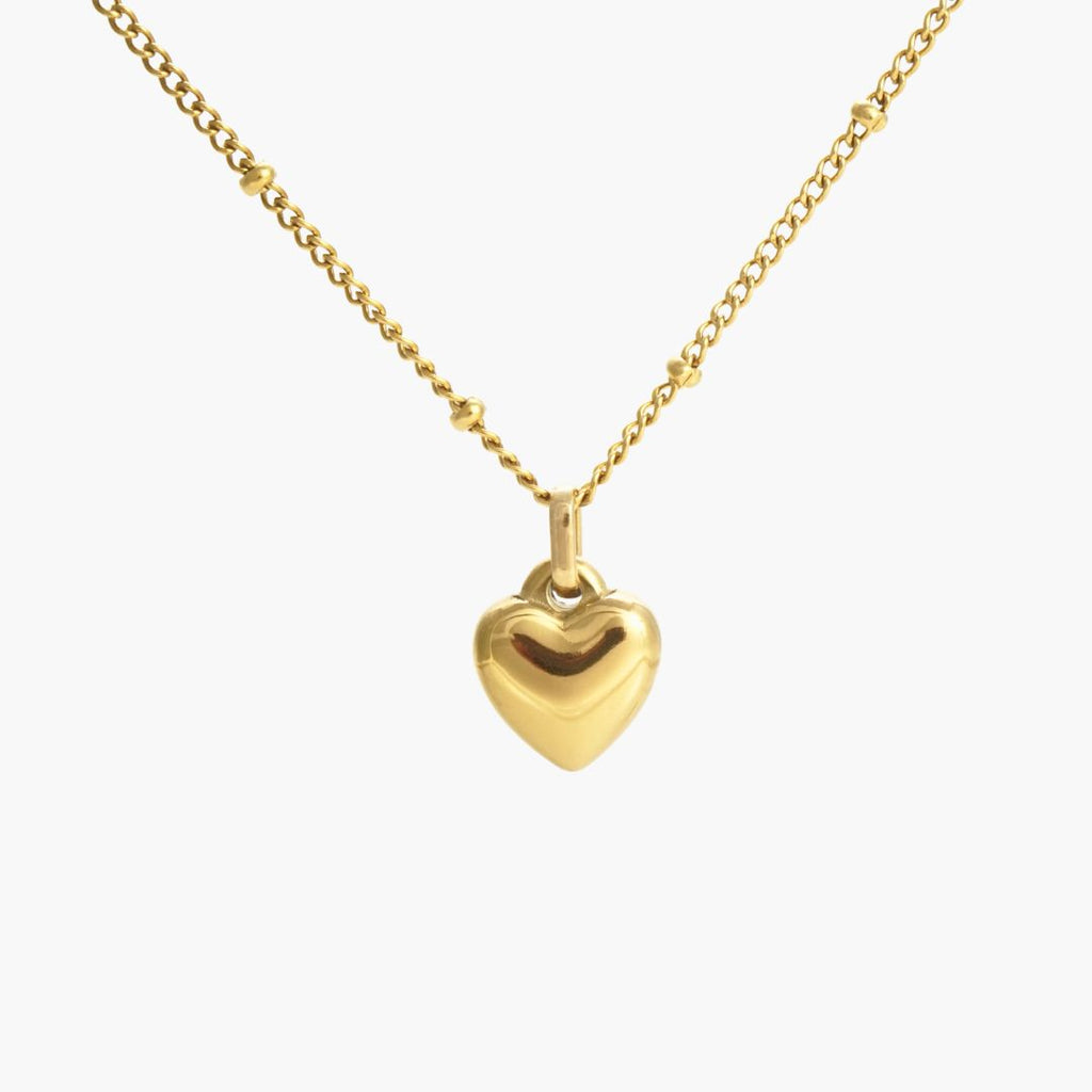 JUNE ELLE 18K gold plated stainless steel Petite Puffy Heart Charm pendant necklace, clear front view