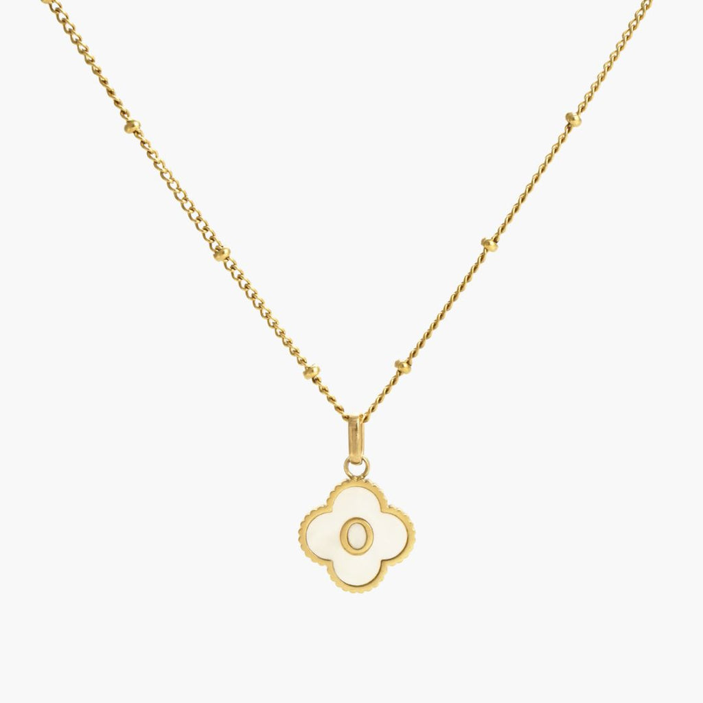JUNE ELLE gold mother-of-pearl clover initial charm letter O on sphere chain necklace front view on white background