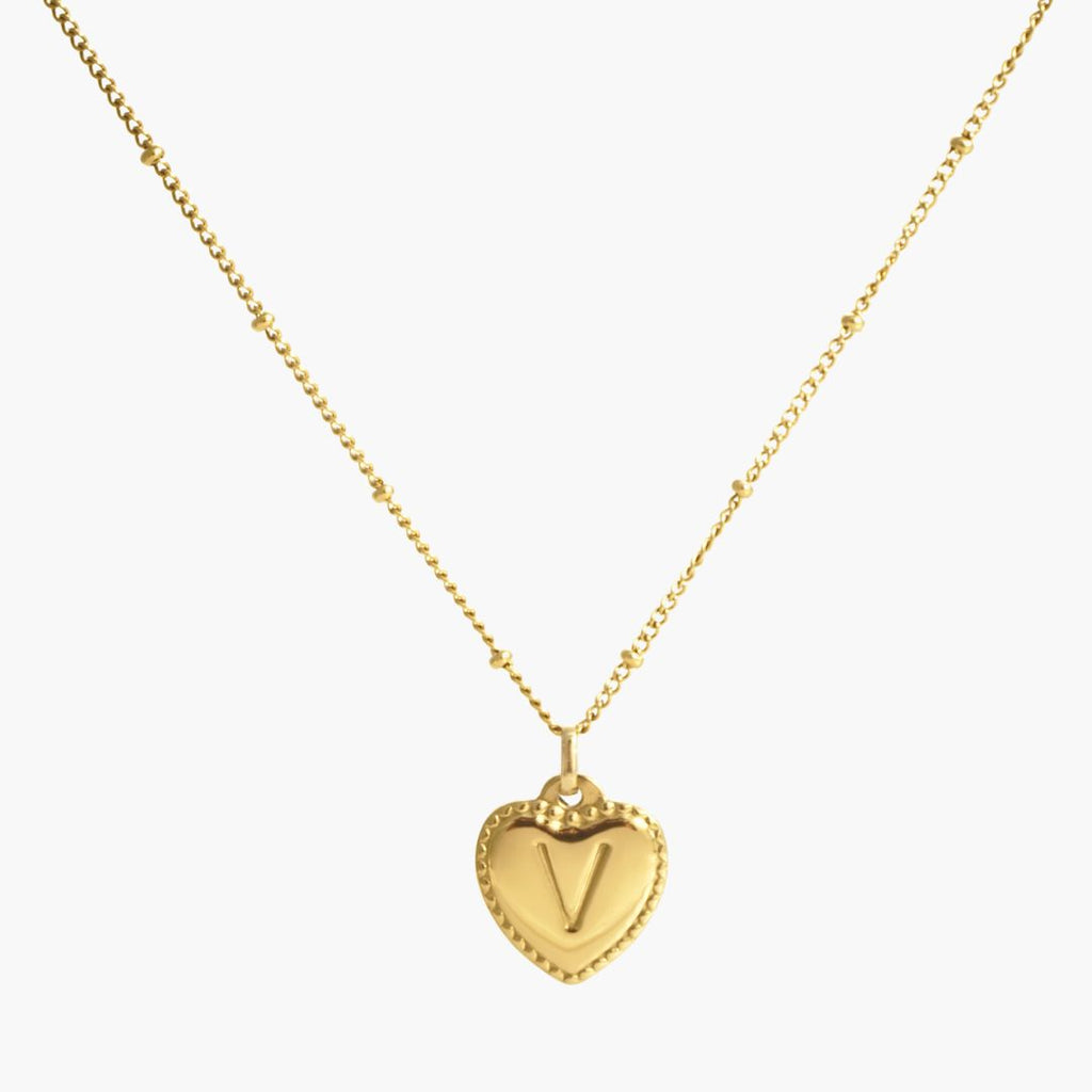 JUNE ELLE gold heart initial charm letter V on sphere chain necklace front view on white background