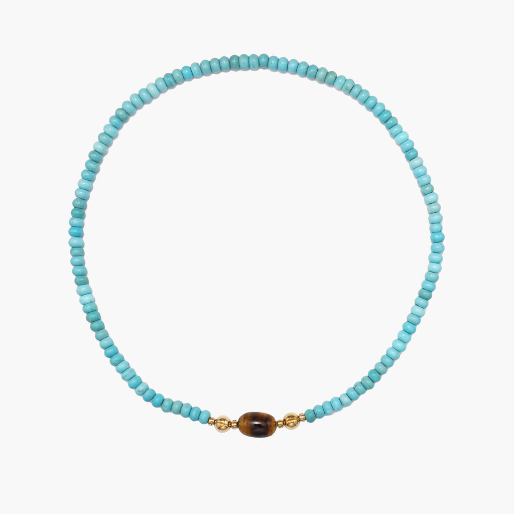 JUNE ELLE MagMix Turquoise Bead Necklace and Tiger’s Eye Barrel Centerpiece connected via a central gold magnetic clasp on a pure white background, showcasing modular combinations.