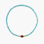 JUNE ELLE MagMix Turquoise Bead Necklace and Tiger’s Eye Barrel Centerpiece connected via a central gold magnetic clasp on a pure white background, showcasing modular combinations.