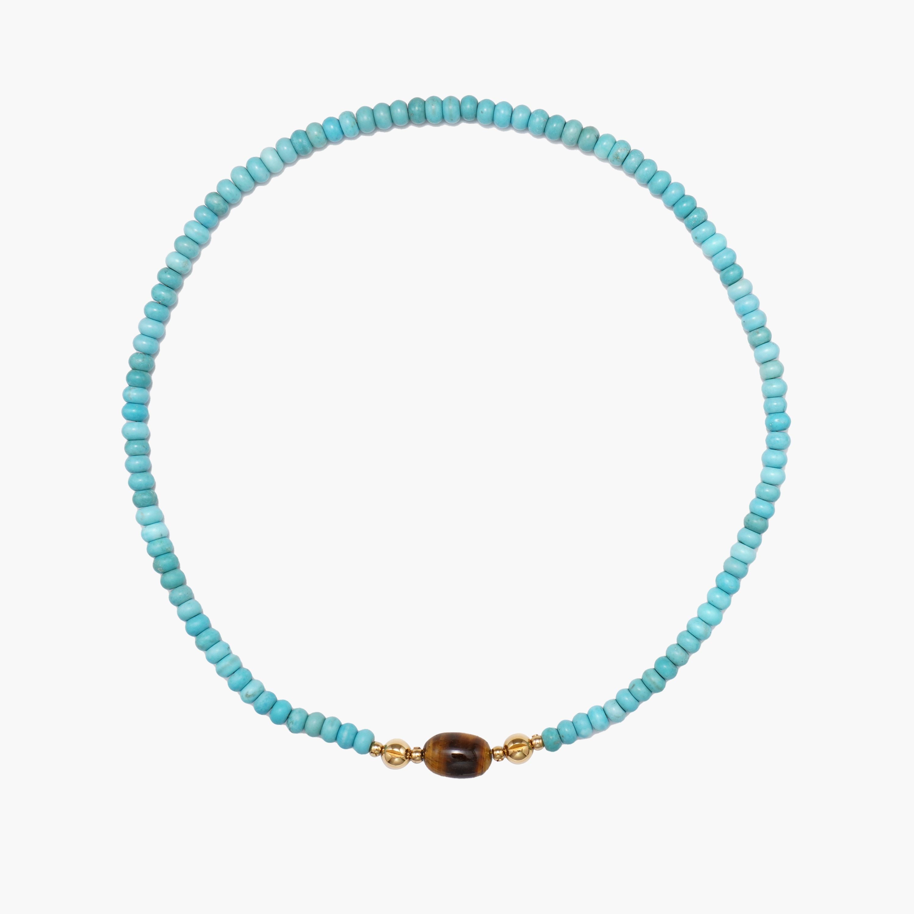 JUNE ELLE MagMix Turquoise Bead Necklace and Tiger’s Eye Barrel Centerpiece connected via a central gold magnetic clasp on a pure white background, showcasing modular combinations.