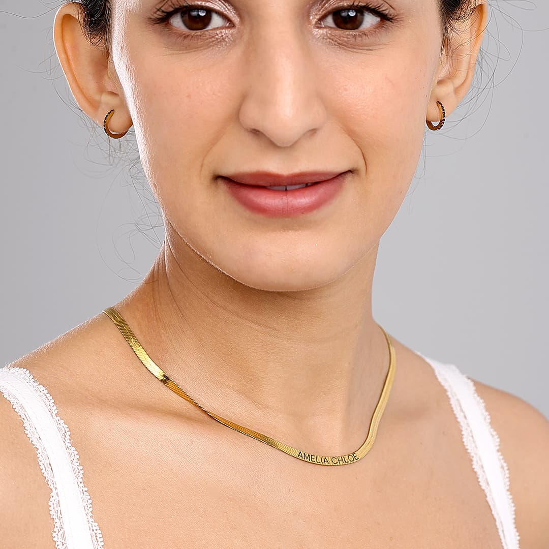 Gold Herringbone Engraved Name Necklace