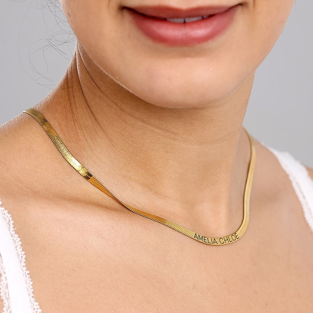 Gold Herringbone Engraved Name Necklace