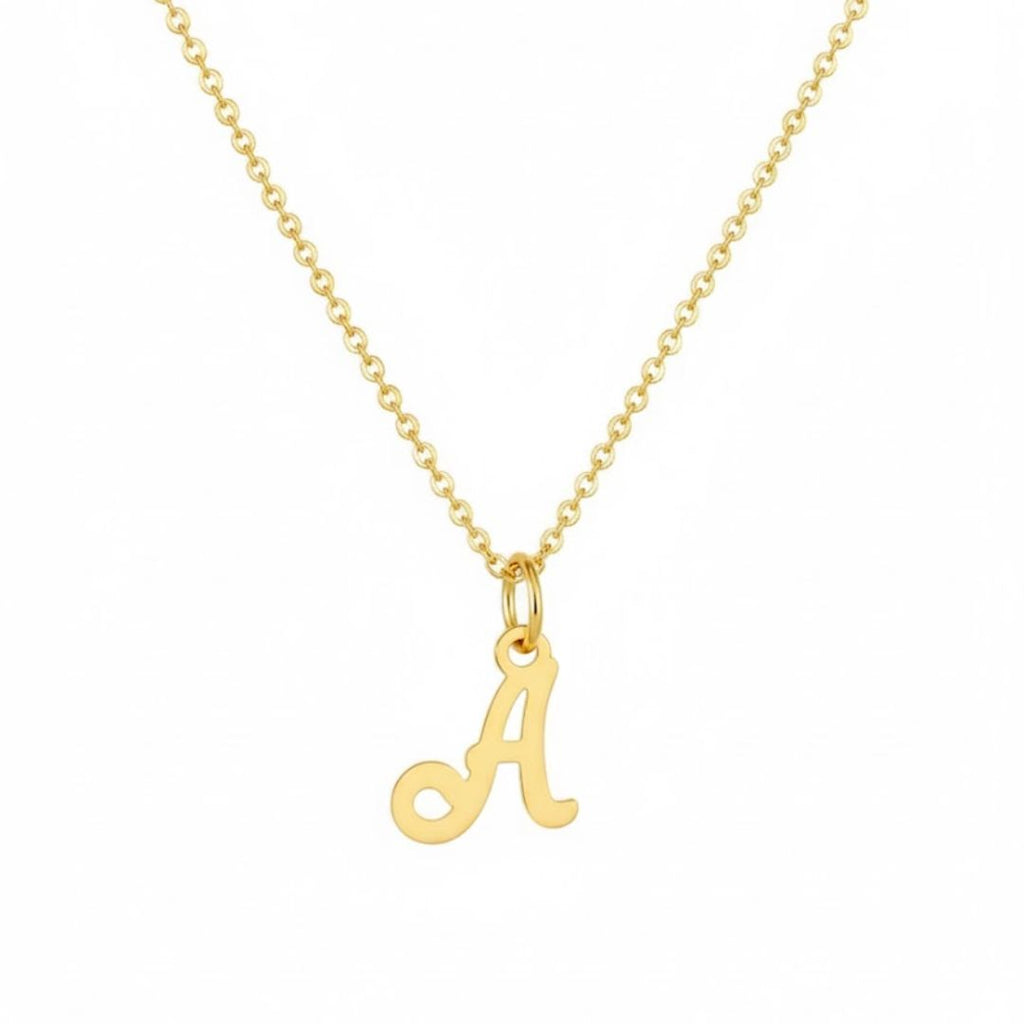 JUNE ELLE gold dearest initial charm letter A on cable chain necklace front view on white background