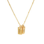JUNE ELLE Gold Engraved Bar Necklace featuring four personalized nameplates on a satellite chain.