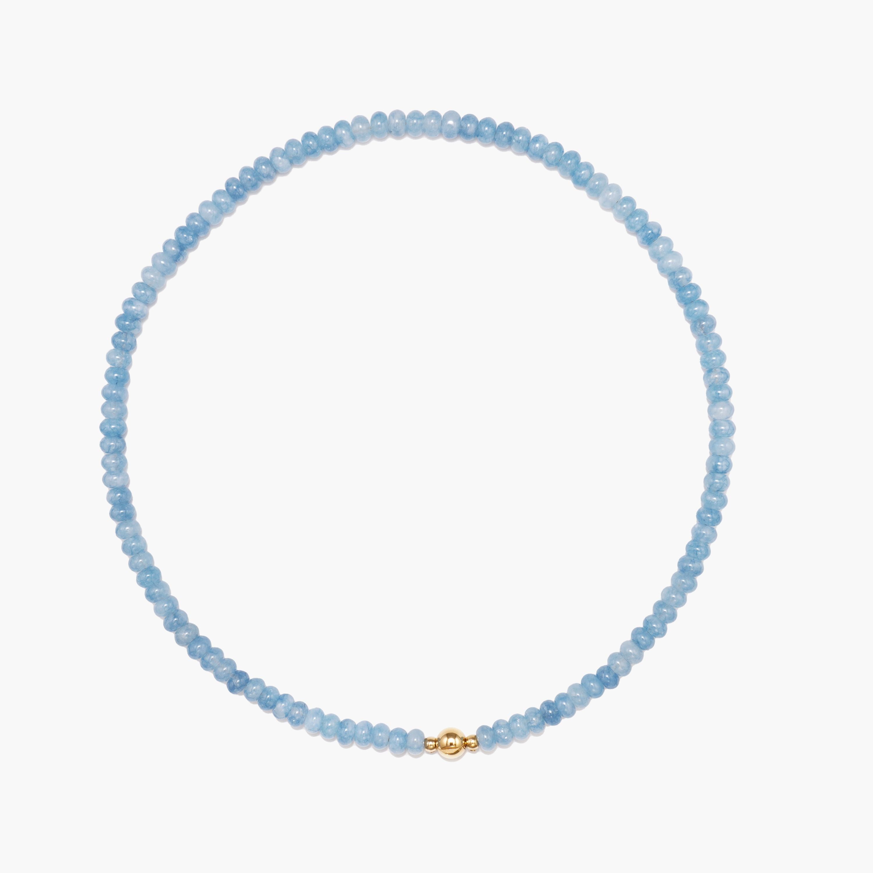 JUNE ELLE MagMix Blue Chalcedony Bead Necklace with a central gold magnetic clasp on a pure white background, allowing for modular combinations with other MagMix pieces.