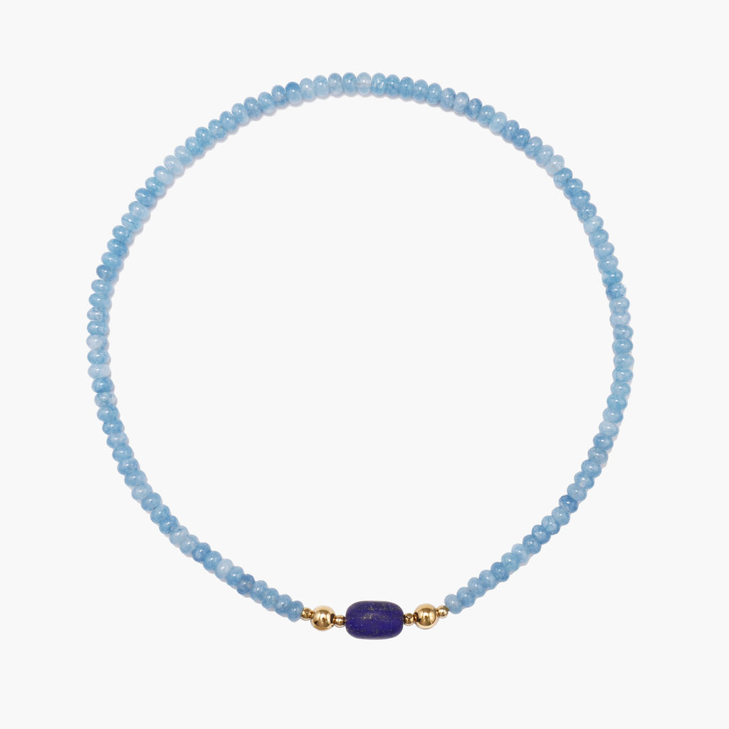 JUNE ELLE MagMix Blue Chalcedony Bead Necklace and a Lapis Lazuli Barrel Centerpiece connected via a central gold magnetic clasp on a pure white background, showcasing modular combinations.
