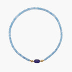 JUNE ELLE MagMix Blue Chalcedony Bead Necklace and a Lapis Lazuli Barrel Centerpiece connected via a central gold magnetic clasp on a pure white background, showcasing modular combinations.