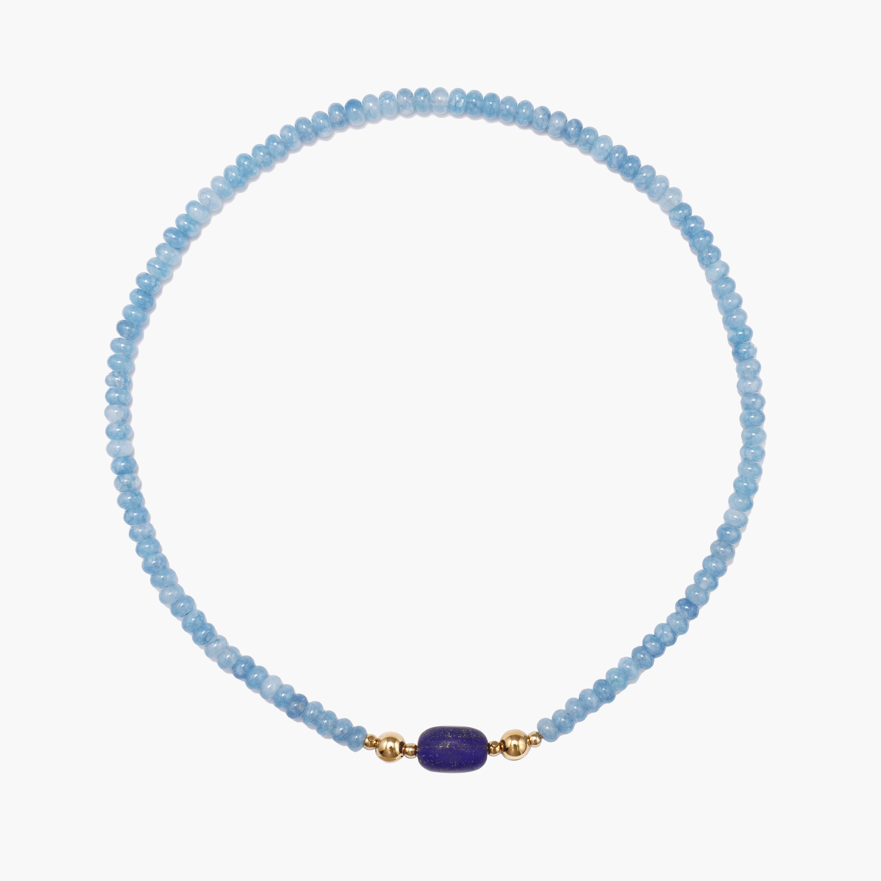 JUNE ELLE MagMix Blue Chalcedony Bead Necklace and a Lapis Lazuli Barrel Centerpiece connected via a central gold magnetic clasp on a pure white background, showcasing modular combinations.