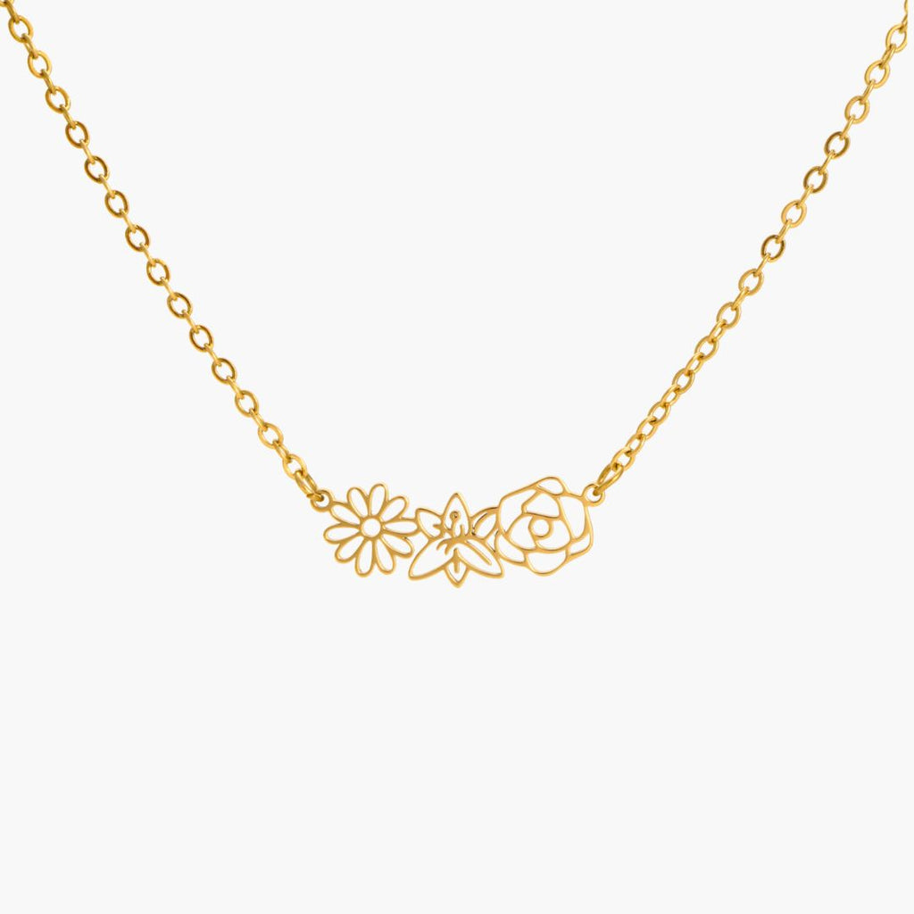 JUNE ELLE gold multiple birth flowers necklace with April Daisy, May Lily and June Rose integrated into chain front view on white background, customizable 1 to 5 flowers