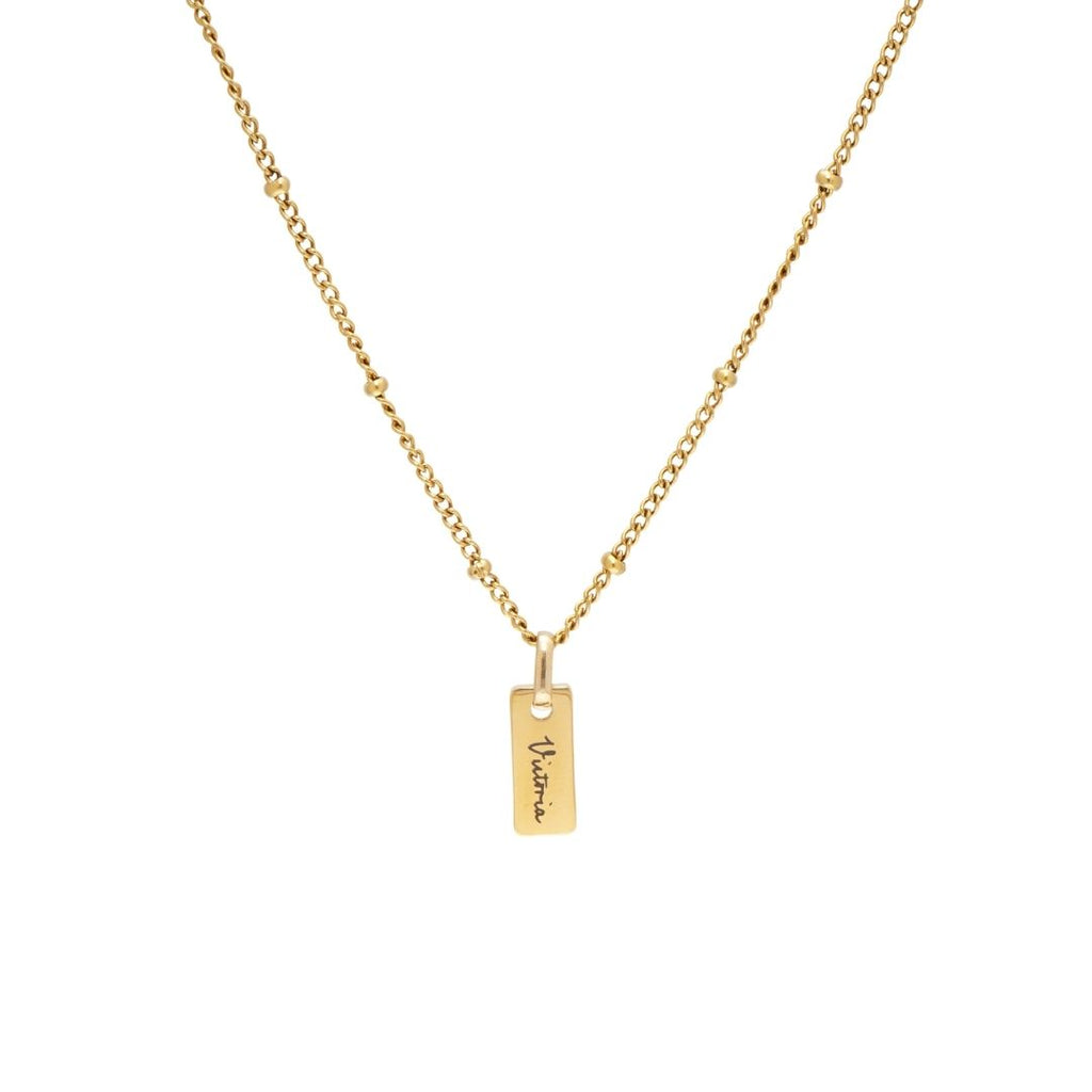 JUNE ELLE Gold Engraved Bar Necklace with Custom Victoria Engraving and Satellite Chain