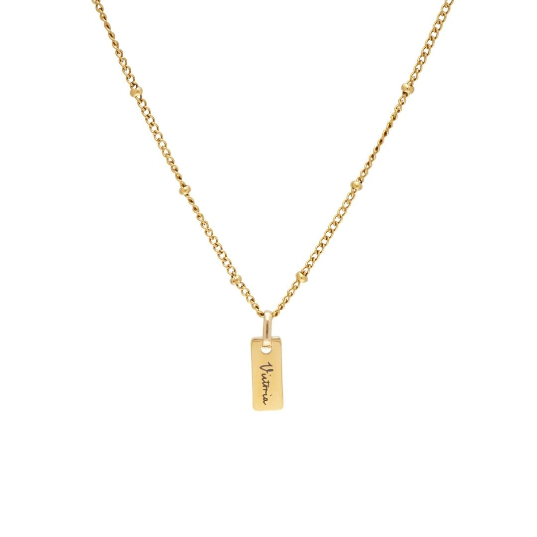 JUNE ELLE Gold Engraved Bar Necklace with Custom Victoria Engraving and Satellite Chain