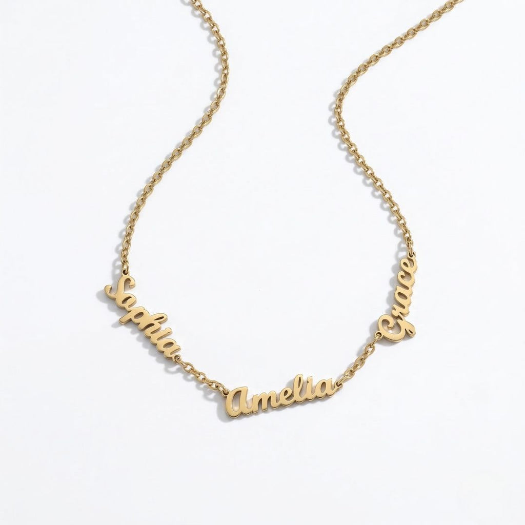 JUNE ELLE gold dainty custom multi name necklace with Sophia, Amelia and Grace as example names integrated into the chain side view on white background, customizable names