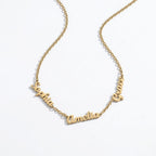 JUNE ELLE gold dainty custom multi name necklace with Sophia, Amelia and Grace as example names integrated into the chain side view on white background, customizable names