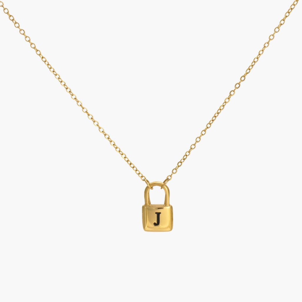 JUNE ELLE gold lock initial necklace with black letter J on lock pendant front view on white background, customizable A to Z initials