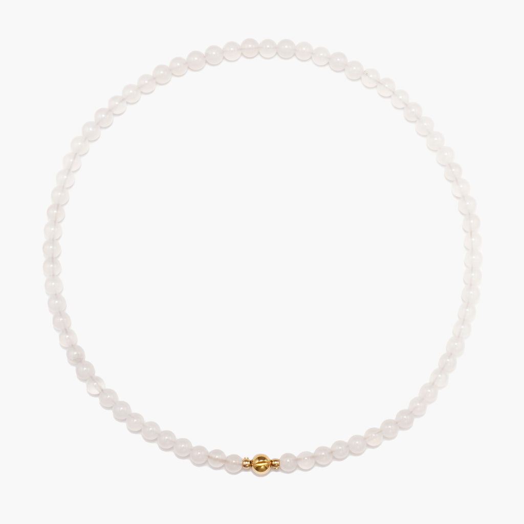 JUNE ELLE MagMix White Chalcedony Bead Necklace with a central gold magnetic clasp on a pure white background, allowing for modular combinations with other MagMix pieces.