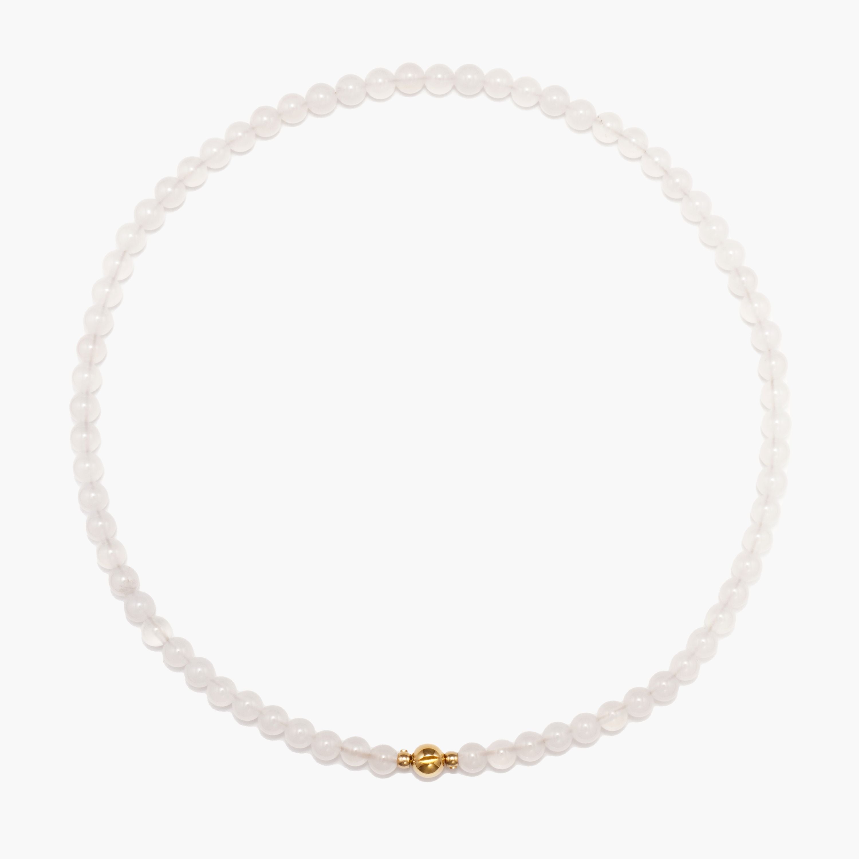 JUNE ELLE MagMix White Chalcedony Bead Necklace with a central gold magnetic clasp on a pure white background, allowing for modular combinations with other MagMix pieces.