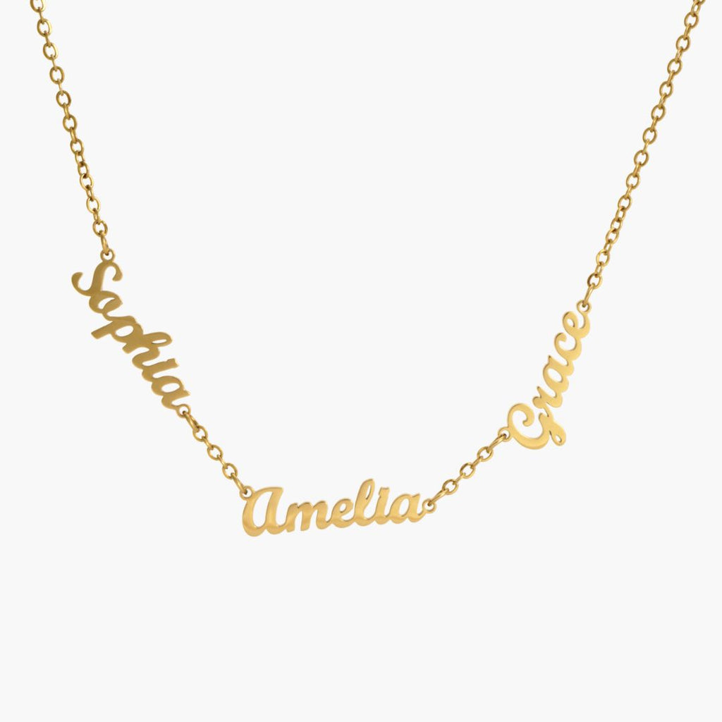 JUNE ELLE gold dainty custom multi name necklace with Sophia, Amelia and Grace as example names integrated into the chain front view on white background, customizable names