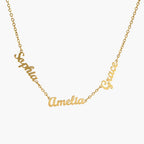 JUNE ELLE gold dainty custom multi name necklace with Sophia, Amelia and Grace as example names integrated into the chain front view on white background, customizable names