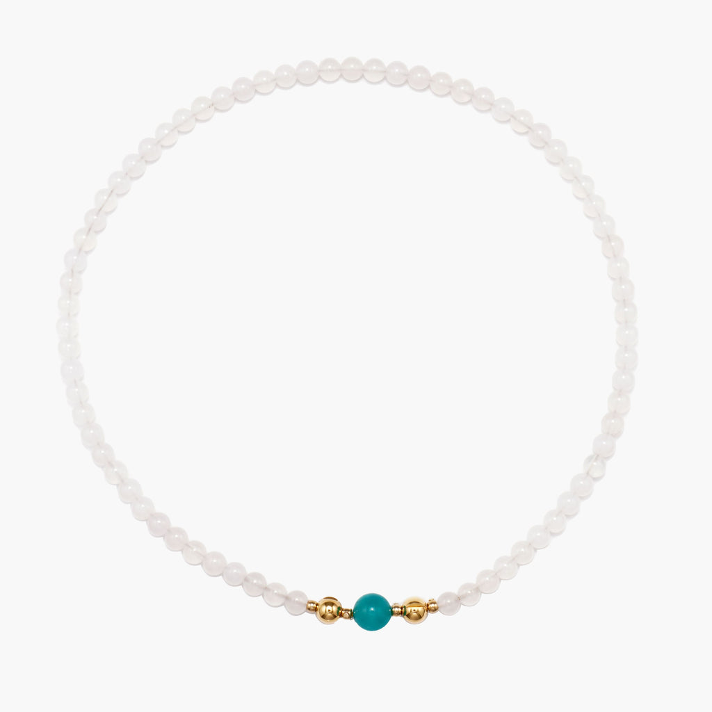 JUNE ELLE MagMix White Chalcedony Bead Necklace and an Amazonite Centerpiece connected via a central gold magnetic clasp on a pure white background, showcasing modular combinations.