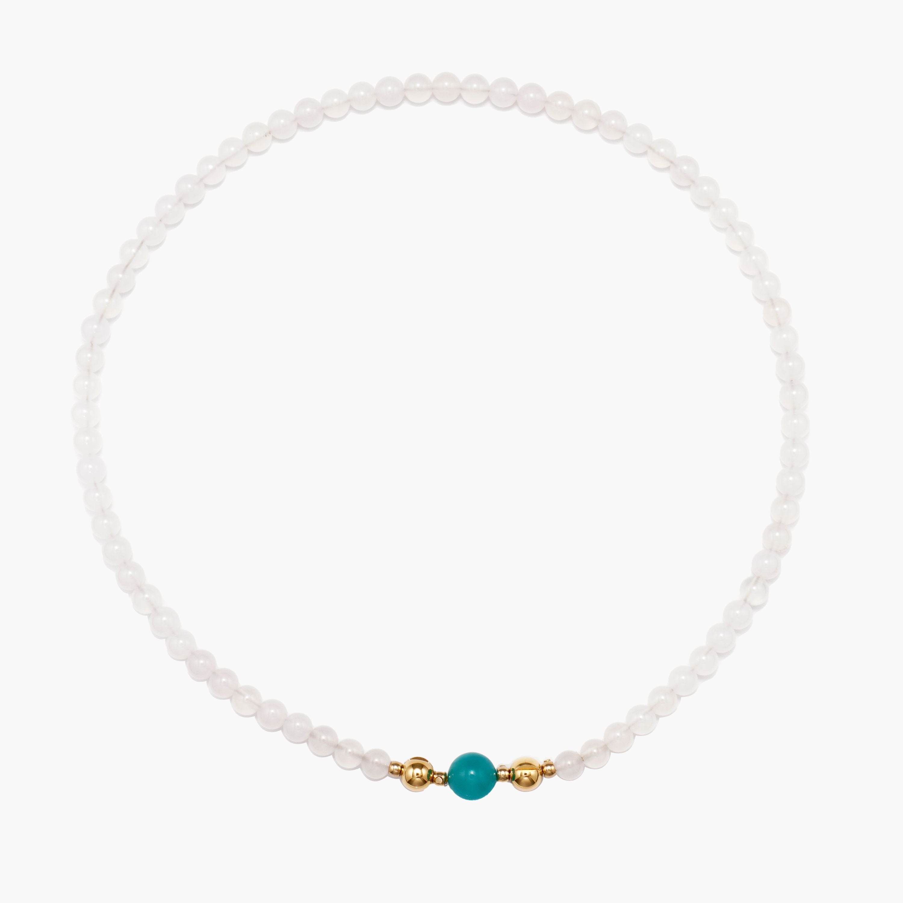 JUNE ELLE MagMix White Chalcedony Bead Necklace and an Amazonite Centerpiece connected via a central gold magnetic clasp on a pure white background, showcasing modular combinations.