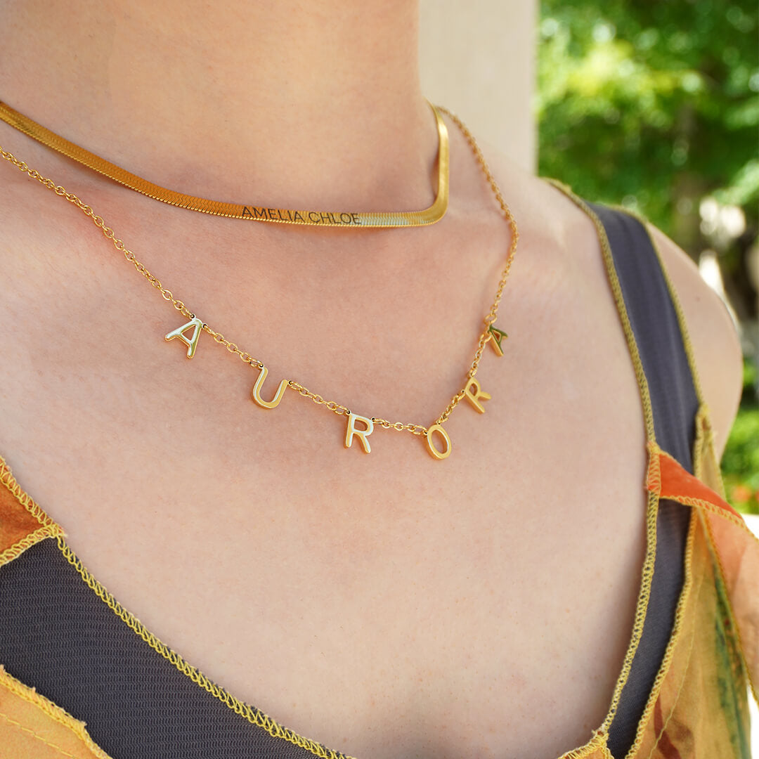 Gold-Isabella-Letter-Name-Necklace-Brown-Cardigan