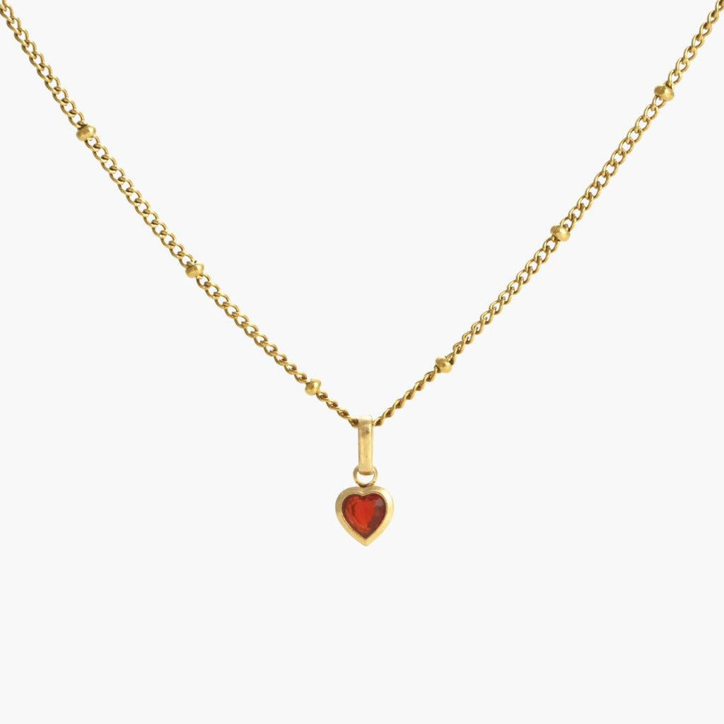 JUNE ELLE Gold heart birthstone pendant with chain in 18K gold plated stainless steel, front view