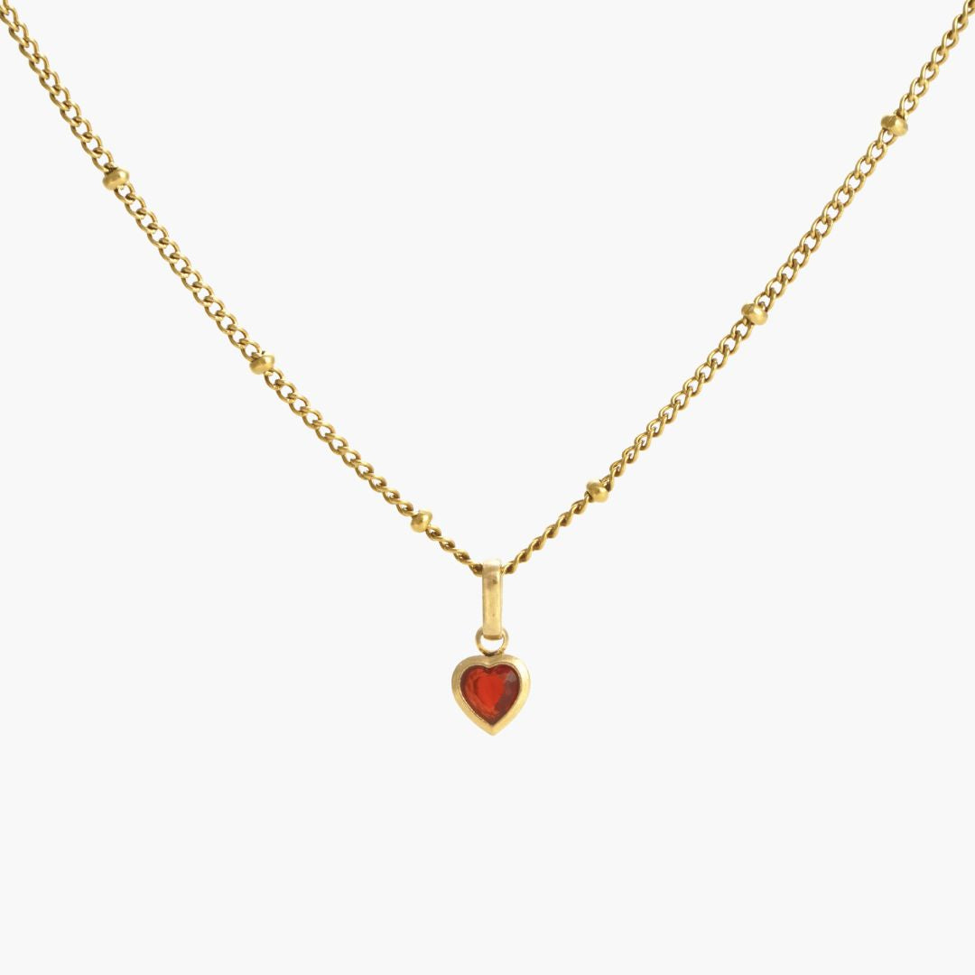 JUNE ELLE Gold heart birthstone pendant with chain in 18K gold plated stainless steel, front view