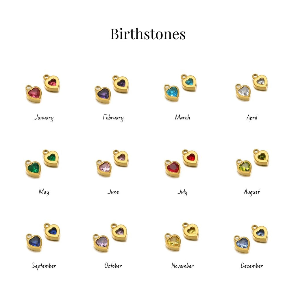 JUNE ELLE birthstone color chart showing 12 cubic zirconia options for heart birthstone charm 