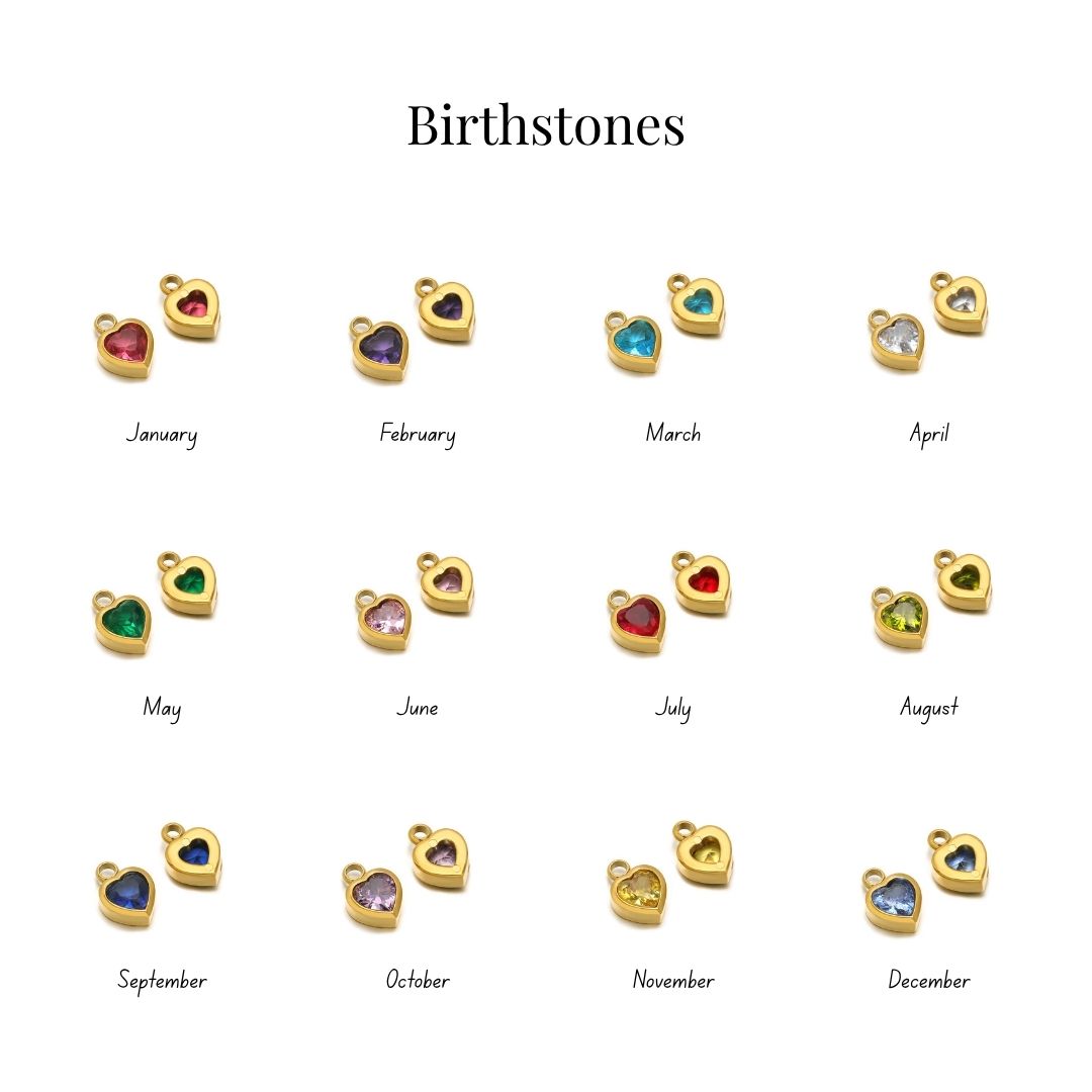 JUNE ELLE birthstone color chart showing 12 cubic zirconia options for heart birthstone charm 