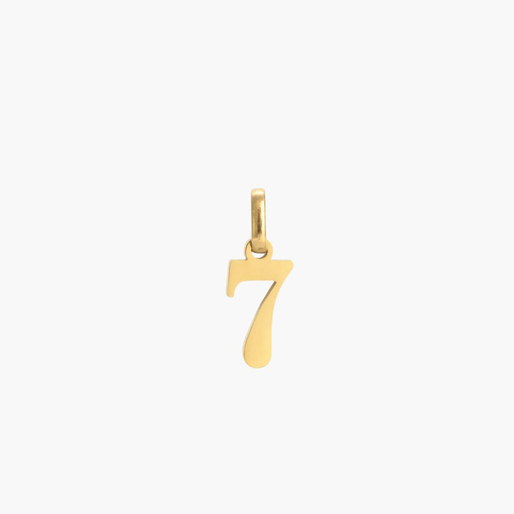 JUNE ELLE gold lucky number charm featuring number 7 front view on white background, customizable from 0 to 9