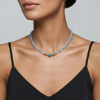 Model wearing the JUNE ELLE MagMix interchangeable necklace, combining a blue chalcedony bead base chain with an Amazonite centerpiece connected by gold magnetic clasps.