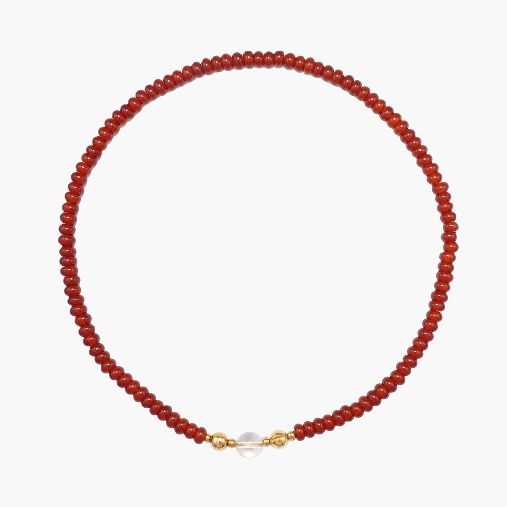JUNE ELLE MagMix Carnelian Bead Necklace and Clear Quartz Centerpiece connected via a central gold magnetic clasp on a pure white background, showcasing modular combinations.