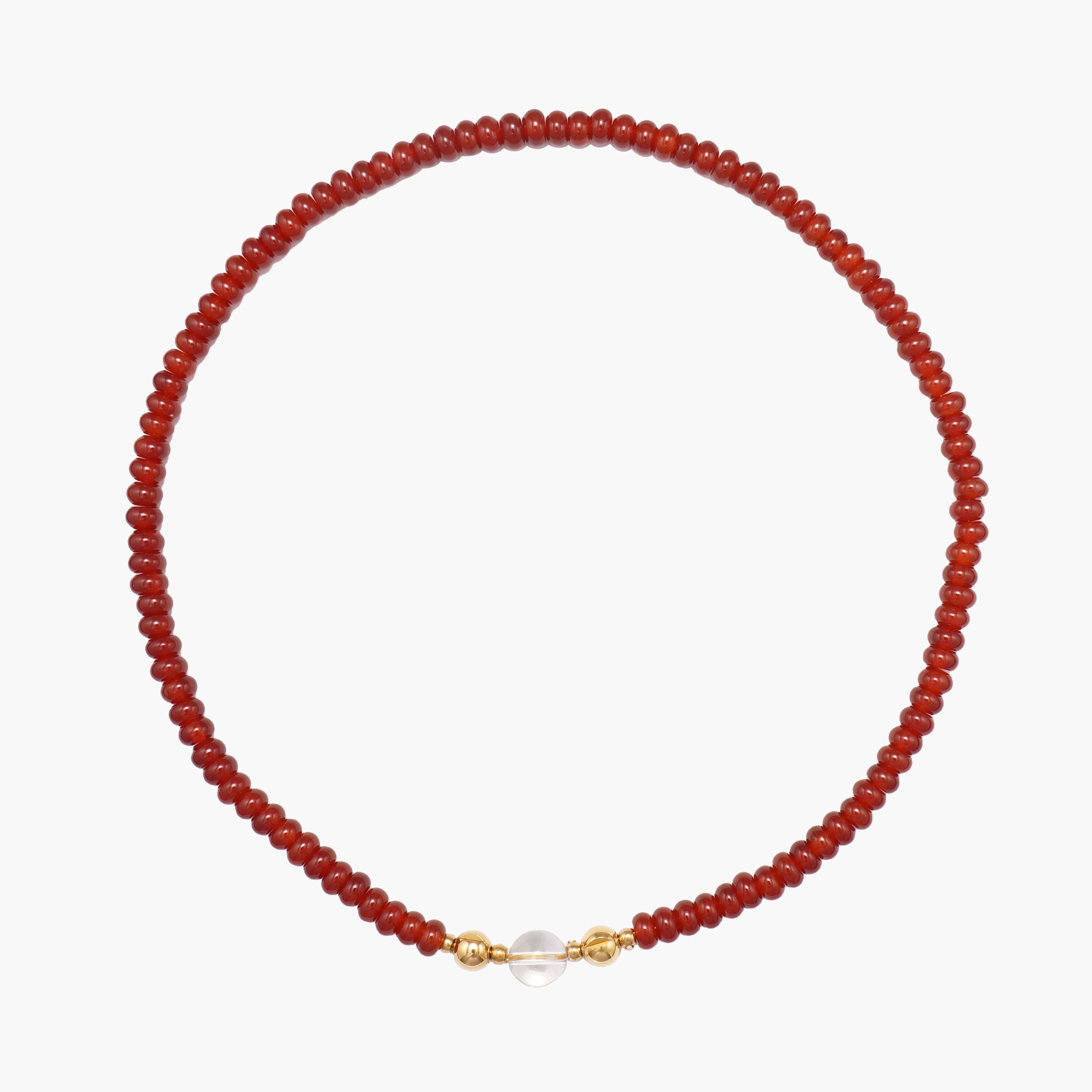 JUNE ELLE MagMix Carnelian Bead Necklace and Clear Quartz Centerpiece connected via a central gold magnetic clasp on a pure white background, showcasing modular combinations.