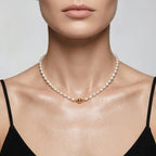 Model wearing the JUNE ELLE MagMix Seed Pearl Bead Chain Necklace with a front-facing gold magnetic clasp.