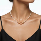 Model wearing the JUNE ELLE MagMix interchangeable necklace, combining a seed freshwater pearl bead base chain with a clear quartz Jelly Bean centerpiece connected by gold magnetic clasps.