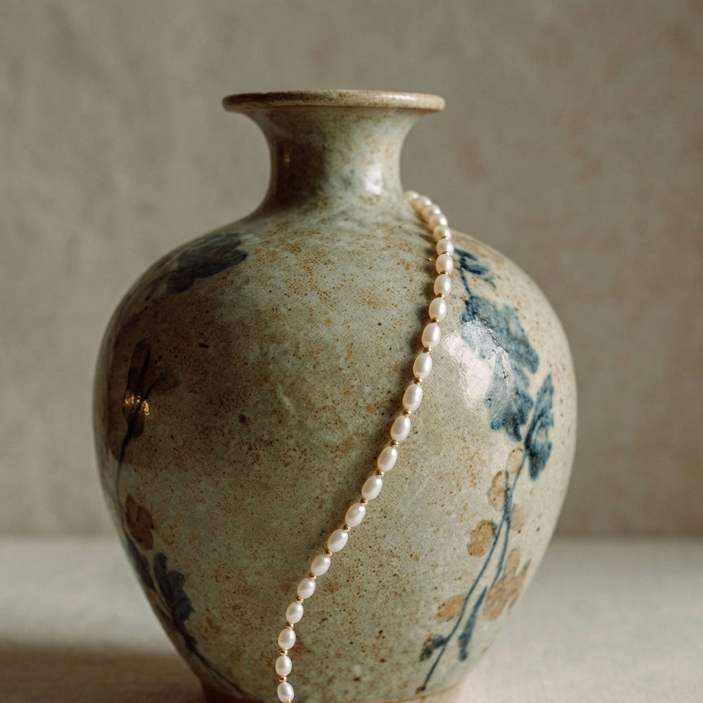 Elegant still life of the JUNE ELLE MagMix seed freshwater pearl necklace, gracefully draped over a rustic floral ceramic vase.